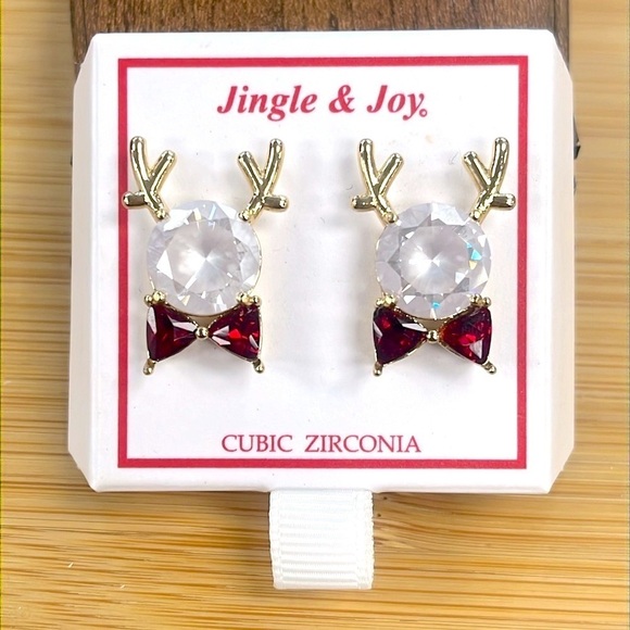 Brand New Large Cubic Zirconia Christmas Reindeer Bow Tie Sparkly Post Earrings - Picture 8 of 8